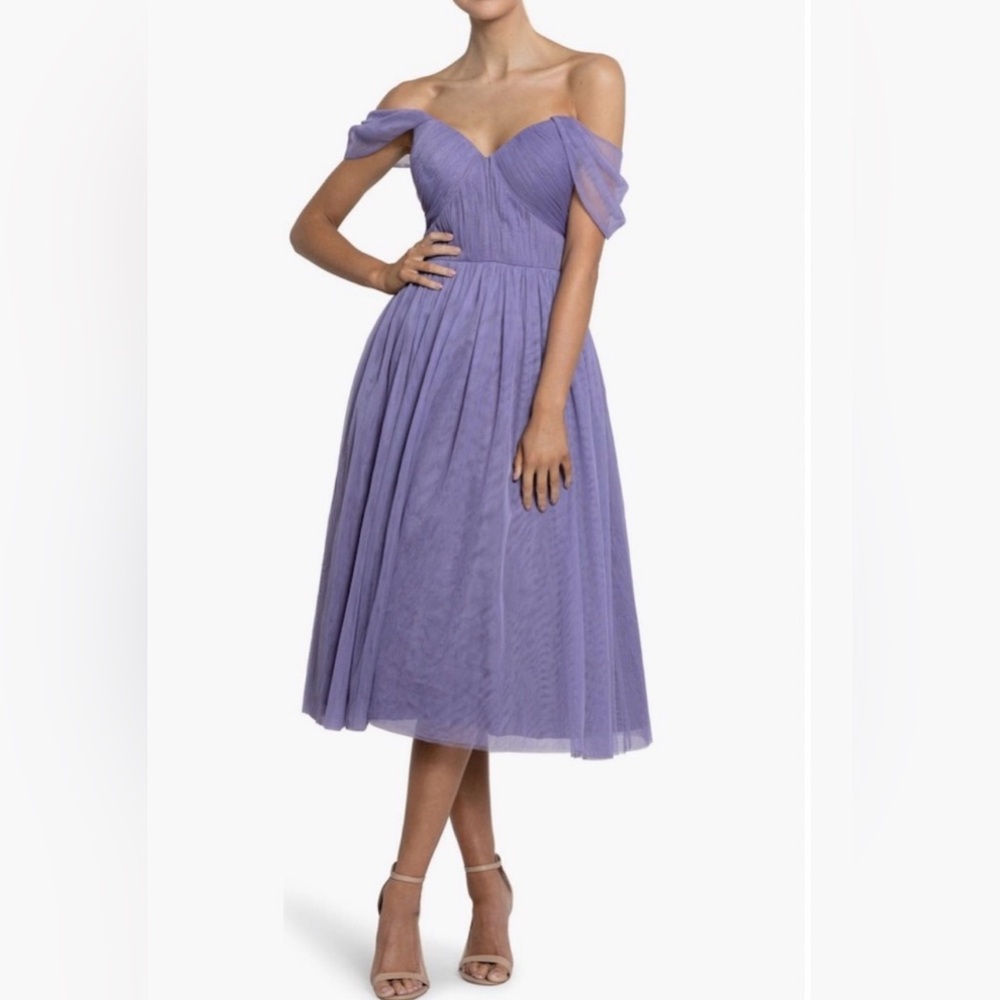 NWT Women’s Bariano Australia Elegant Lavender Off-Shoulder Tulle Midi Dress 8